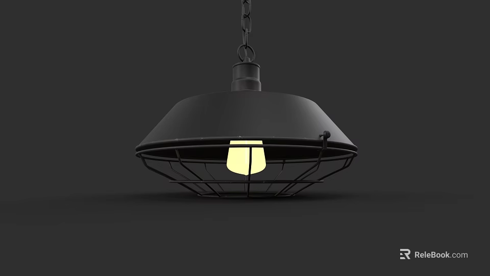 Black Pendant Light with Metal Frame and Illuminated Bulb in Modern Style 3d model 