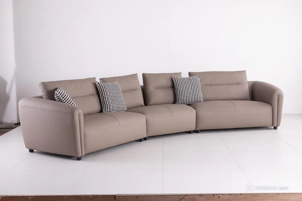 Light Brown Sectional Three Seater Sofa Featuring Plaid Pillows And White Wall Floor 3d model