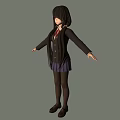 Anime Girl Character in School Uniform with Long Black Hair Purple Skirt and Arms Outstretched