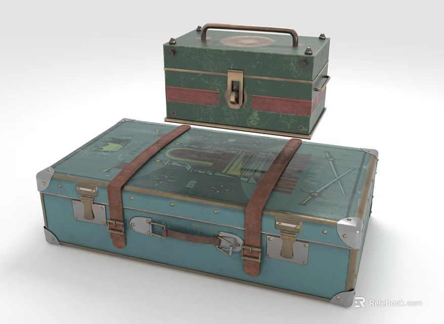 Vintage Blue Large Suitcase With Brown Straps And Green Small Case Featuring Red Stripe Lock 3d model 