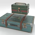 Vintage Blue Large Suitcase With Brown Straps And Green Small Case Featuring Red Stripe Lock