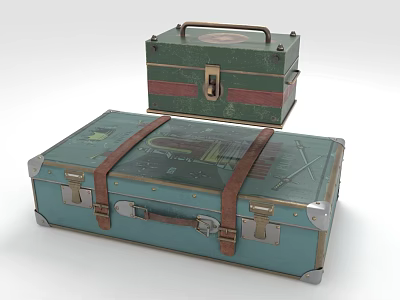 Vintage Blue Large Suitcase With Brown Straps And Green Small Case Featuring Red Stripe Lock 3d model
