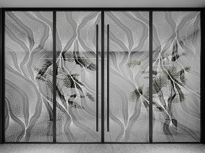 Decorative Glass Screen Door With Wavy Texture Plant Patterns And Metal Frame Design 3d model