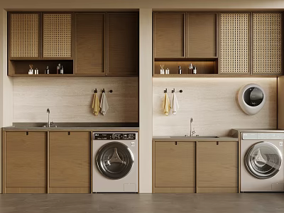 Modern Laundry Room With Wooden Cabinets Rattan Panels Washing Machine Sink And Hanging Towels 3d model