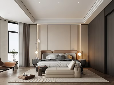 Modern Bedroom Interior With Upholstered Headboard Nightstands Lamps Wooden Floor And Area Rug 3d model