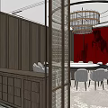 Elegant Private Room Interior Design With Red Backdrop Chandelier And Dining Table 3d model