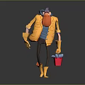 Cartoon Game Movie Character With Yellow Coat Orange Beard Red Bucket And Blue Tools