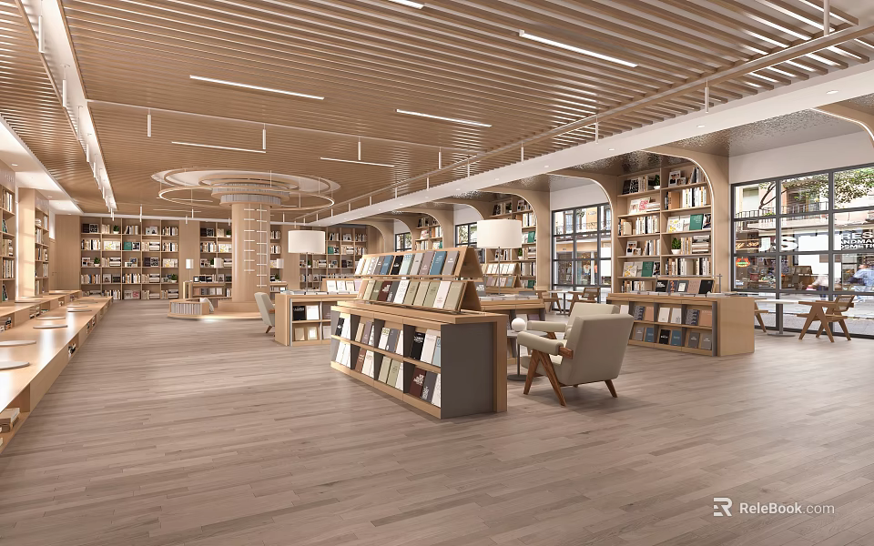 Book Art Inspired Spacious Library Interior With Wooden Shelves And Reading Areas 3d model 