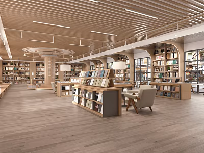 Book Art Inspired Spacious Library Interior With Wooden Shelves And Reading Areas 3d model