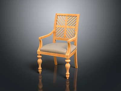 Traditional Wooden Accent Chair With Carved Geometric Backrest Armrests And Light Gray Seat Cushion 3d model
