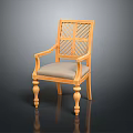 Traditional Wooden Accent Chair With Carved Geometric Backrest Armrests And Light Gray Seat Cushion