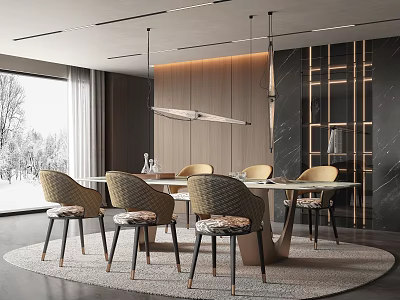 Elegant Restaurant Interior With Round Dining Table Patterned Chairs And Pendant Light 3d model