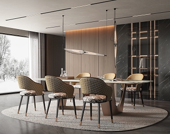 Minotti Restaurant Rectangular Dining Table and Chair Combination Leather Dining Chair Chandelier Stone Dining Table Italian 3d model