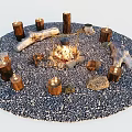 Outdoor Nighttime Campfire Scene With Stone Circle Wooden Stumps And Lit Lanterns
