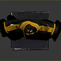 Black military style jacket with yellow collar cuffs and gold buttons on display stand