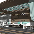 Modern Living Room Interior With Transparent Partitions Light Green Curtains And Wooden Ceiling