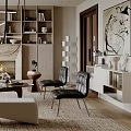 Modern Living Room Interior Design With Beige Sofa Fireplace Area Rug And Built-in Bookshelves