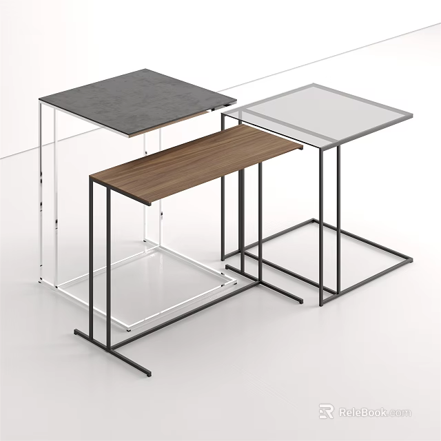 Modern Side Tables With Gray Glass Wooden Tops And Black White Metal Frames 3d model 