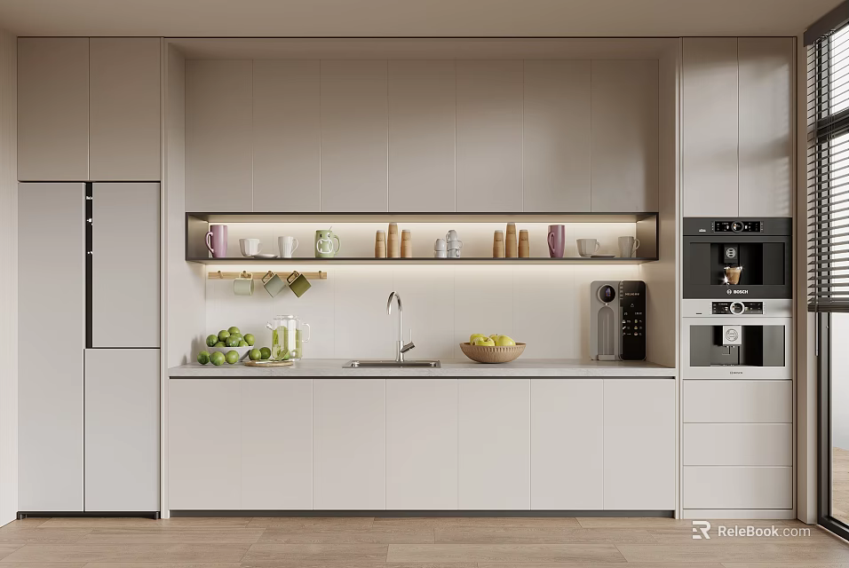 Modern Pantry Interior Design With White Cabinets Coffee Machine Sink Fruit Bowl And Cup Shelves 3d model 