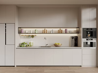 Modern Pantry Interior Design With White Cabinets Coffee Machine Sink Fruit Bowl And Cup Shelves 3d model