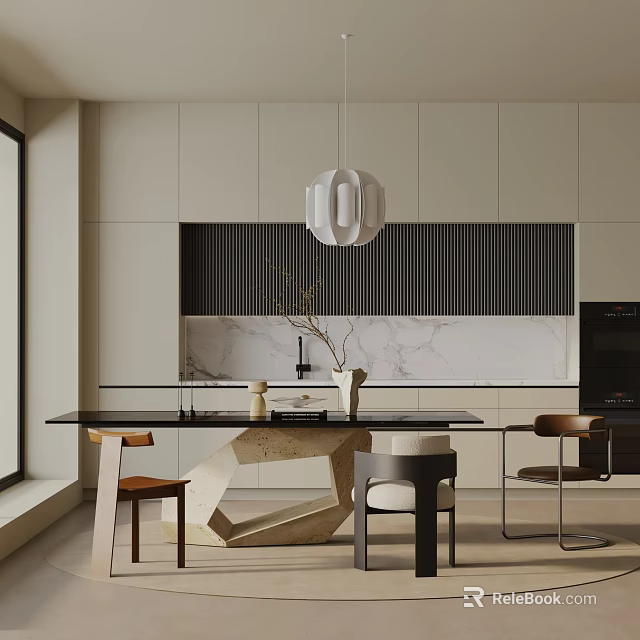 Modern Dining Table Set With Chairs Pendant Light And Marble Countertop In Kitchen Interior 3d model 