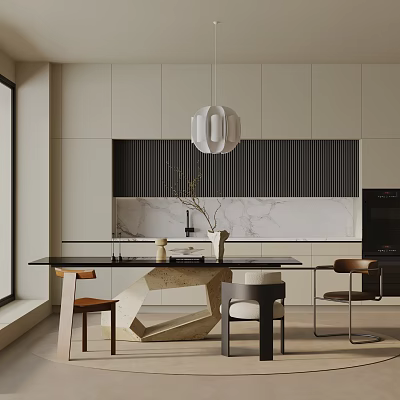 Modern Dining Table Set With Chairs Pendant Light And Marble Countertop In Kitchen Interior 3d model
