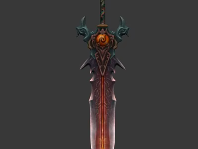 Game Movie Character Mythical Sword With Demon Horn Hilt Circular Emblem Glowing Red Purple Blade 3d model