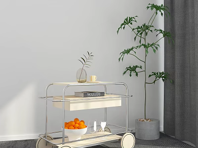 Rolling Side Table With Two Tier Shelves Oranges Book And Vase Near Tall Green Plant 3d model