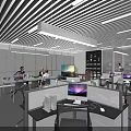 Modern Office Workspace with Cubicles Computers Large Windows People Working and Ceiling Lighting