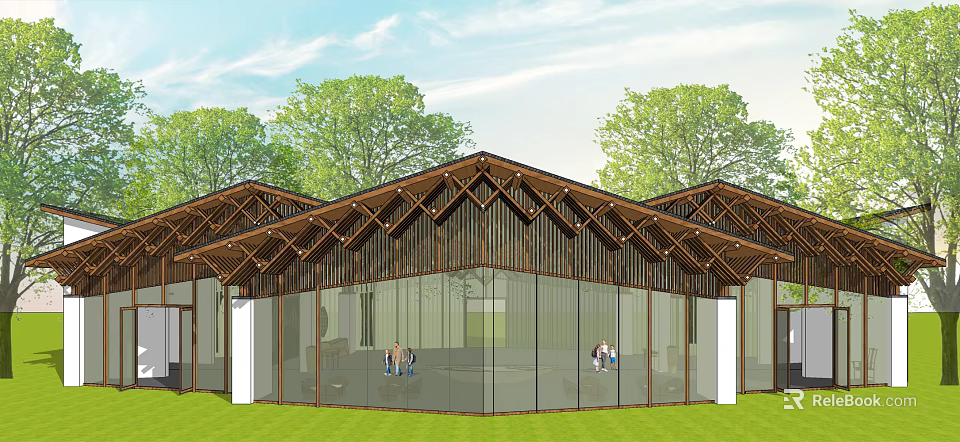 Modern Hotel Building With Triangular Wooden Roof And Glass Facade Surrounded By Trees 3d model 
