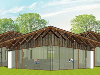 Modern Hotel Building With Triangular Wooden Roof And Glass Facade Surrounded By Trees 3d model