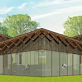 Modern Hotel Building With Triangular Wooden Roof And Glass Facade Surrounded By Trees