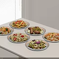 Various Delicious Food Dishes Served on White Countertop by Window Blinds