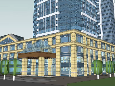 Modern Hotel Building with Glass Facade and Yellow Exterior Featuring Entrance Canopy and Surrounding Trees 3d model