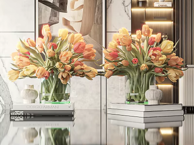 Two Glass Vases With Yellow Orange Tulips On Books In Modern Interior 3d model