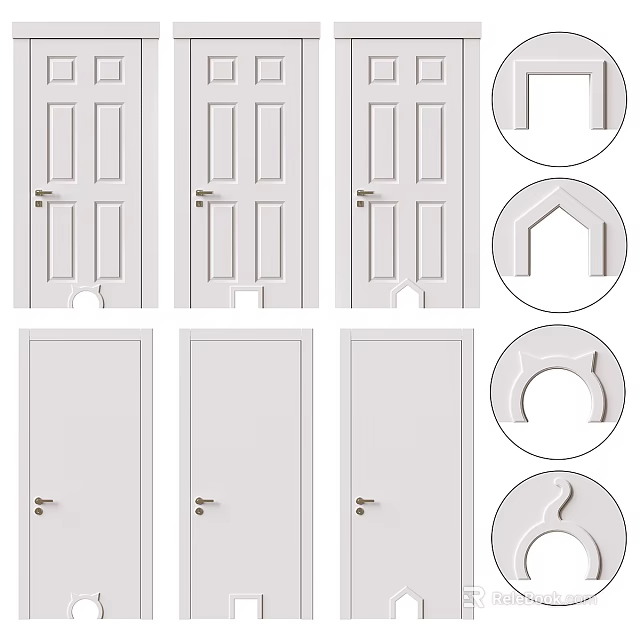 White Interior Hinged Doors With Various Panel Designs And Classic Handles 3d model