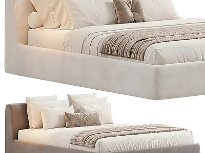 Modern Double Bed With Upholstered Frame Light Colored Design Multiple Pillows And Throw Blanket 3d model