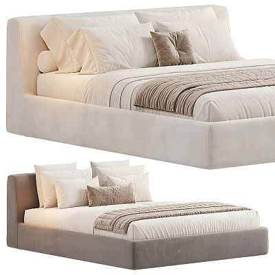 Modern Double Bed With Upholstered Frame Light Colored Design Multiple Pillows And Throw Blanket 3d model