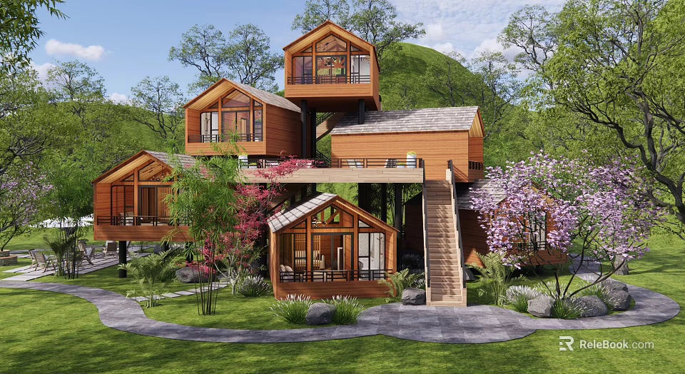 Wooden Detached Villa with Multi Level Structure and Balconies in Lush Green Landscape 3d model 
