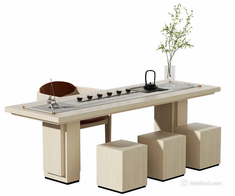 Elegant Light Wood Tea Table With Teapot Cups Vase Green Plant Stools And Chair 3d model 