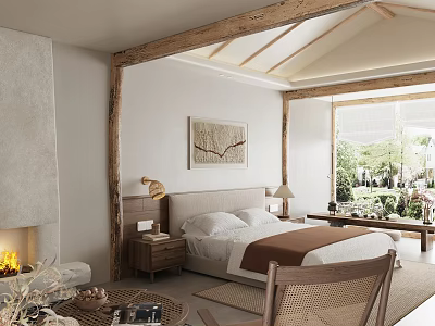 Rustic Wooden Beamed Bedroom Interior With White Walls Bed Fireplace And Greenery View 3d model