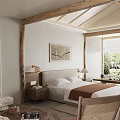 Rustic Wooden Beamed Bedroom Interior With White Walls Bed Fireplace And Greenery View