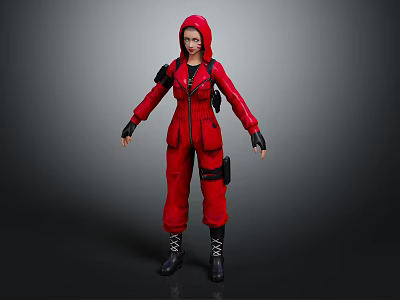 Hooded Character In Red Jumpsuit With Black Gloves And Boots Design 3d model