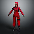 Hooded Character In Red Jumpsuit With Black Gloves And Boots Design