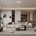 Modern Living Room Interior With Beige Sofa White Coffee Table Brown Chair Green Plants And Bookshelves