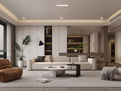 Modern Living Room Interior With Beige Sofa White Coffee Table Brown Chair Green Plants And Bookshelves 3d model