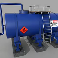 Blue Industrial Storage Tank with Support Legs Platform and Warning Label 3d model
