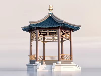 Traditional Chinese Pavilion With Blue Roof Golden Finial And Carved Lattice Windows 3d model