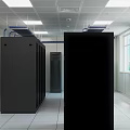 Data Center Room Interior with Black Server Racks Ceiling Lights And Cable Trays 3d model