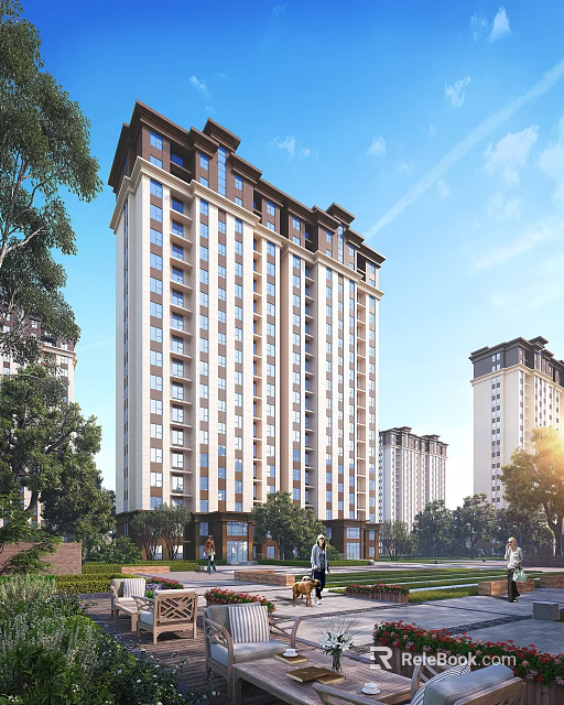 High Rise Modern Residential Building Surrounded by Greenery Trees Under Blue Sky Sunlight 3d model 